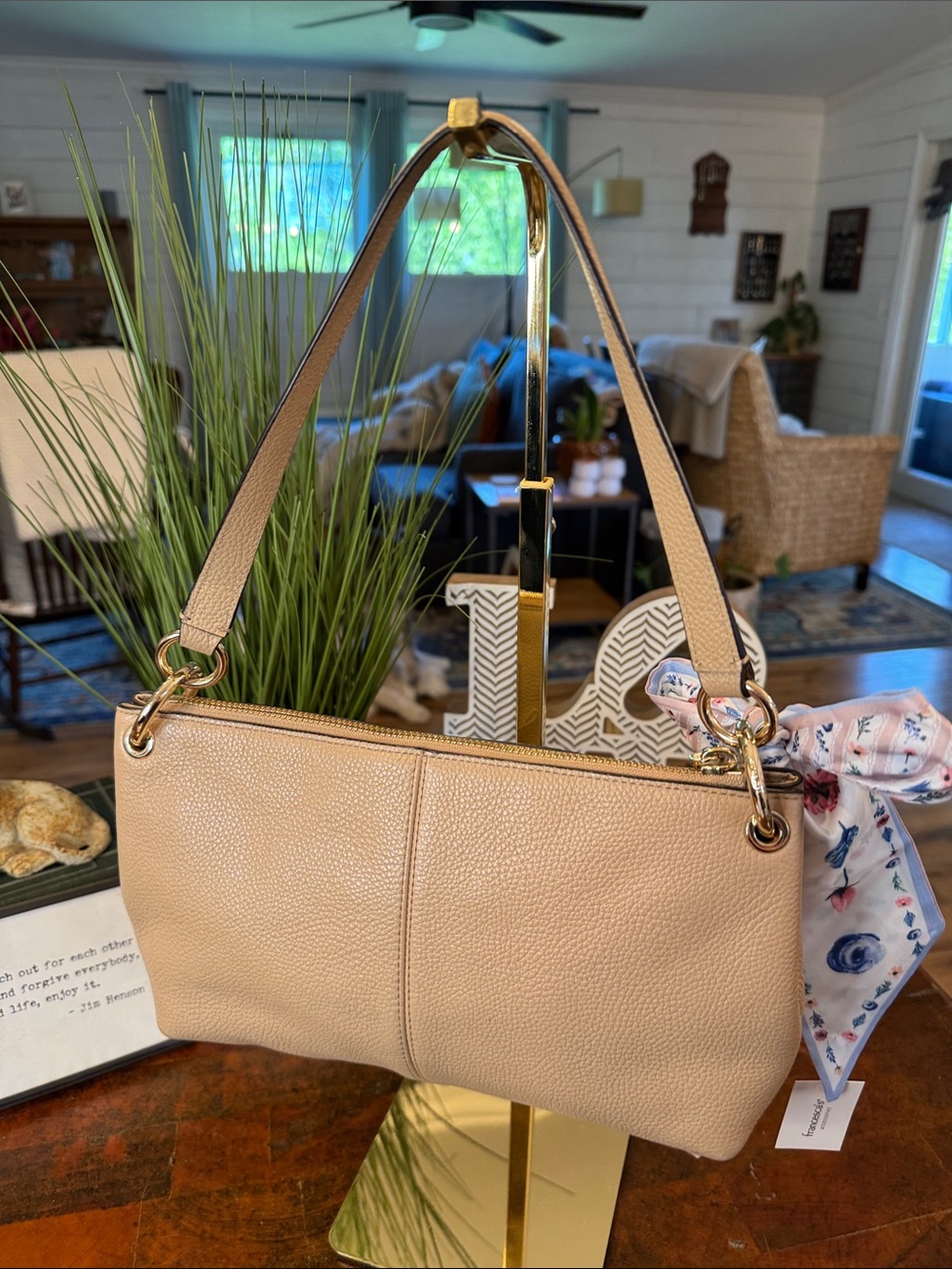 Coach Pebble Leather Shoulder Bag in Light Tan with Floral Scarf - Picture 4 of 15